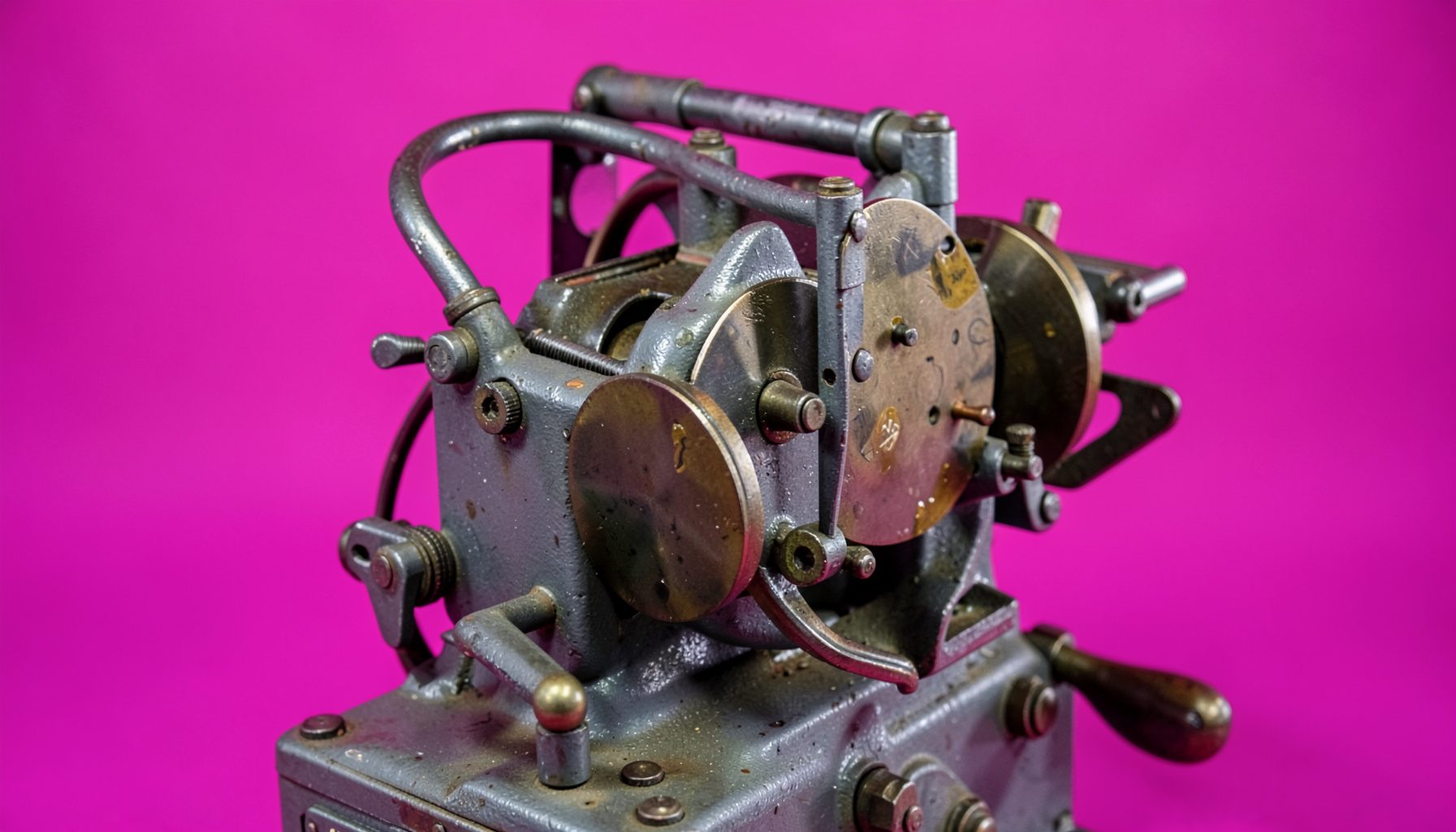 A close-up of a vintage Addressograph machine with metal plates and a hand crank, industrial gray and brass tones, workshop lighting