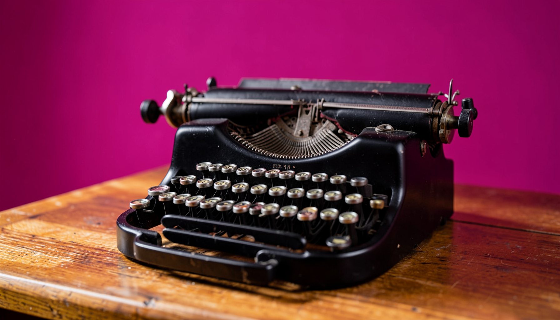 A vintage black typewriter with round glass keys on a warm wooden desk, soft natural light from a window, nostalgic and scholarly mood