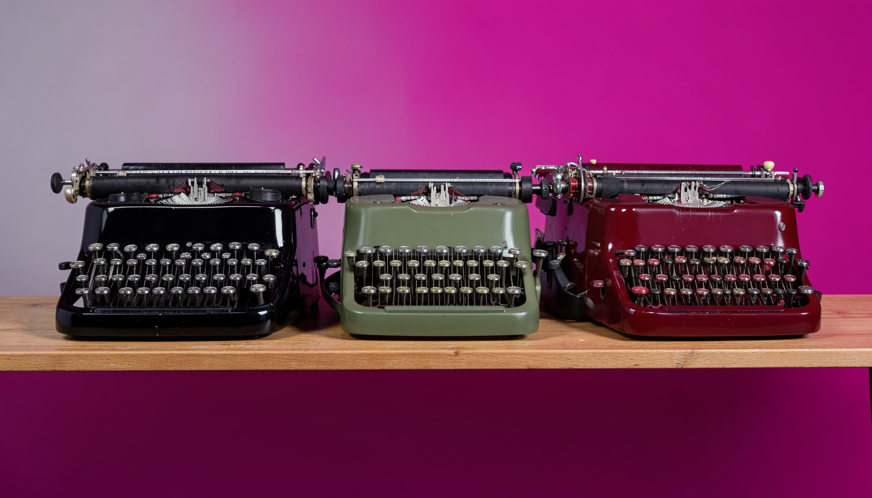 A row of vintage typewriters in varied finishes — glossy black, muted olive, and warm burgundy — lined up on a wooden shelf against a soft gray backdrop, their round keys and chrome carriage-return levers catching gentle side light.