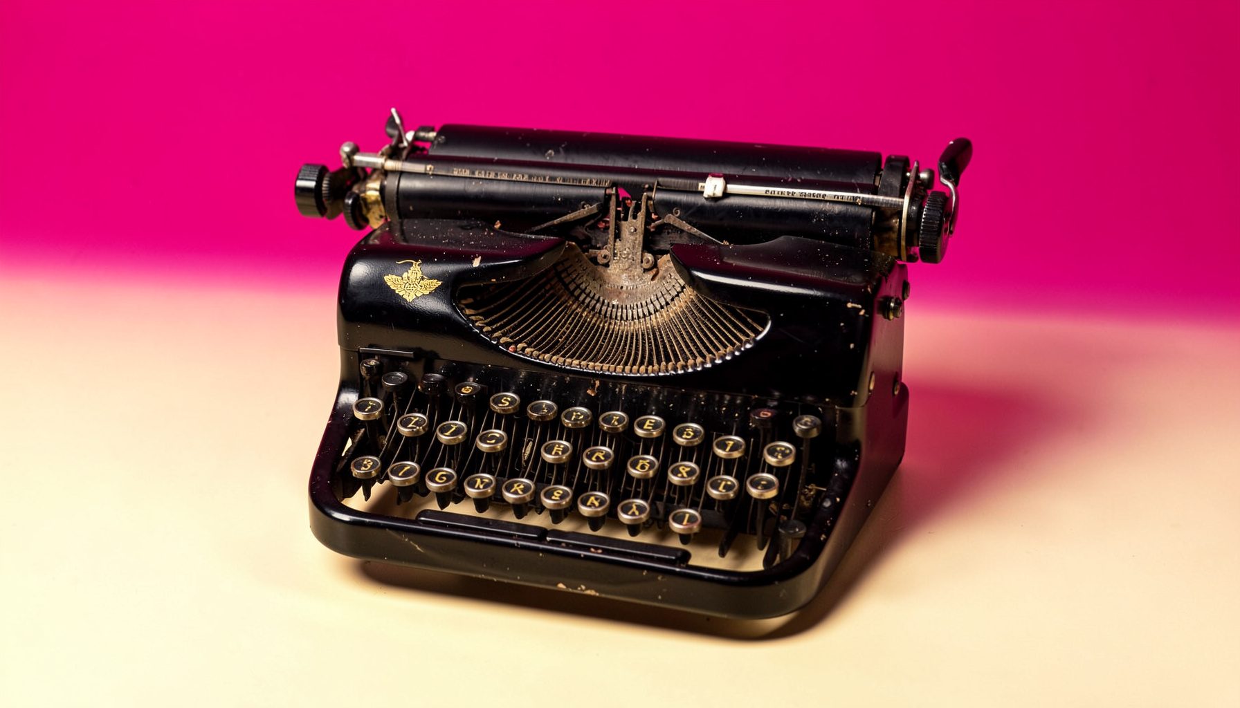 A vintage black typewriter with round glass keys and gold decals, photographed on a warm cream seamless backdrop, soft directional light casting gentle shadows.