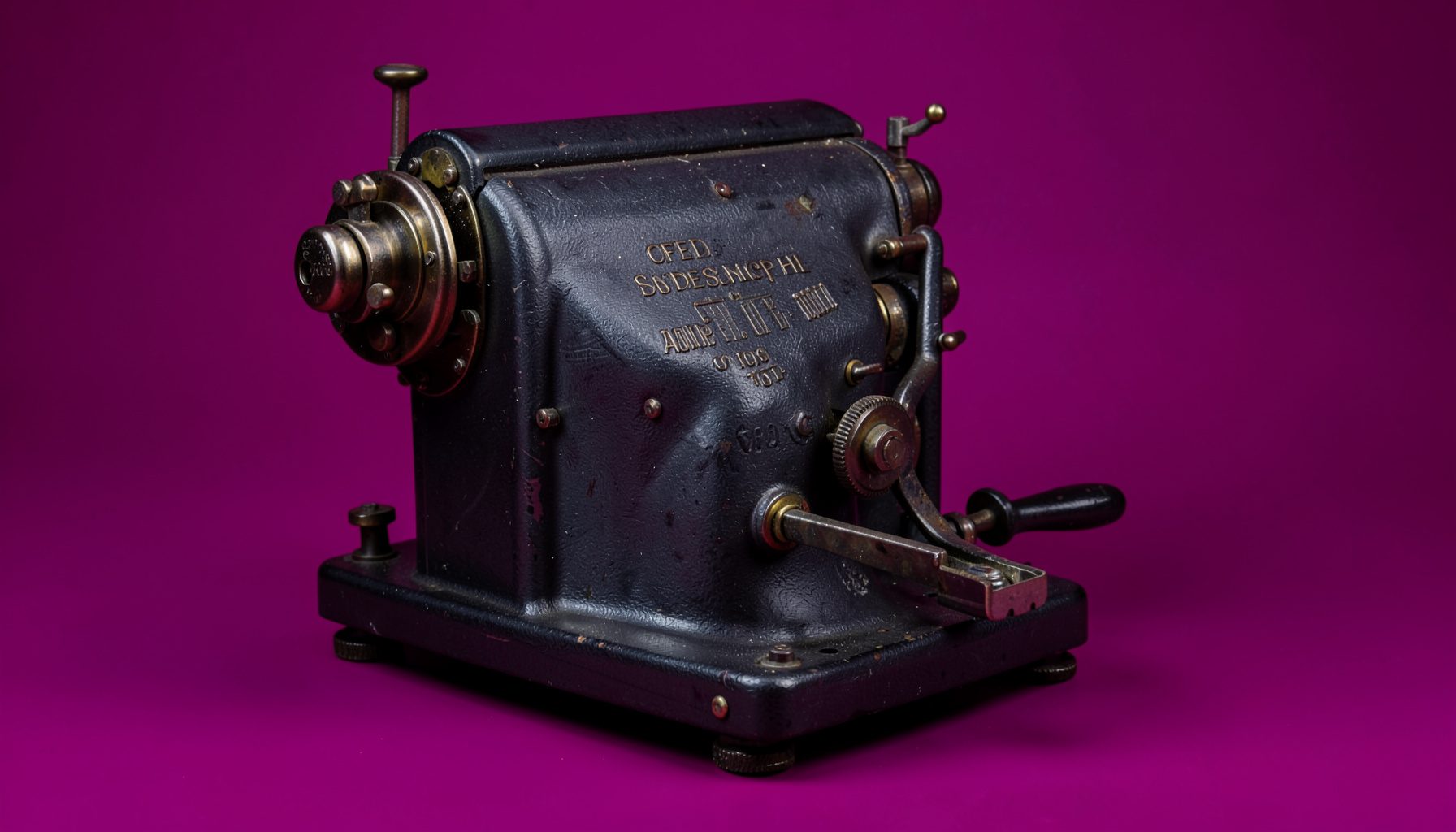 A vintage Addressograph addressing machine on a seamless dark backdrop, its cast-iron body finished in deep charcoal with brass accents and a hand crank, lit from the side to reveal engraved lettering and mechanical detail.